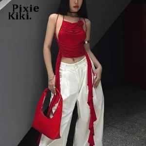 Tops Pixiekiki y2k Sexy Red Crop Tops для женщин 2023 Summer Fashion 3D цветочная аппликация Ruffle Ruffle Halter Top Camisole P33bz13