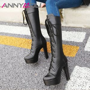 Boots ANNYMOLI Winter Knee High Boots Women Lace Up Platform Block Heels Long Boots Fashion Extreme High Heel Shoes Ladies Big Size 43