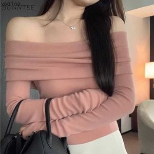 Women's T-Shirt Slash Neck Pullovers Women Short Knitted Thin Slim Defined Waist Basic All-match Sexy Elegant Off Shoulder Autumn Winter FemaleL2403