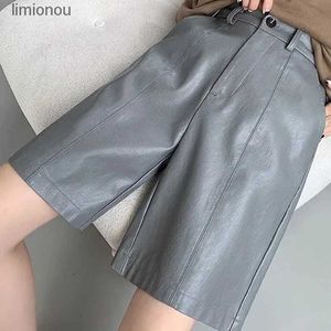 Women's Shorts Biyaby PU Leather Shorts for Women Casual Baggy Black Gray Wide Leg Fifth Pants Woman 2024 Vintage High Waist Short Pants LadyC243128