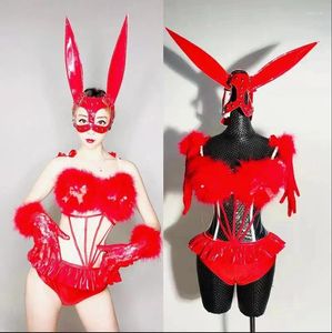 Stage Wear Nightclub Bar DJ Dance Costume Dancer Team Sexig Festival Party Red Feather Pu Leather Bikini Bodysuit Gloves Headge