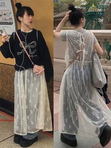 Casual Dresses Lace See Through Women Midi Dress Sleeveless Bow Prints Female 2024 Spring Summer Fashion Chic Lady Vestidos