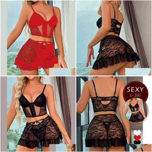 Pigiama sexy babydoll in pizzo set reggiseno aperto donna intimo Y dresslingerie set bralette trasparente biancheria intima erotica consegna di goccia Appar Dhl3N