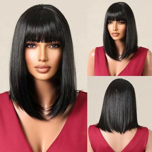 Synthetic Wigs Natural Black Wig Short Straight Bob Synthetic Wig with Fluffy Bangs for Women Afro Cosplay Daily Fake Hair Heat Resistant Fiber 240328 240327