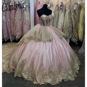 Pink Ball Gown Quinceanera Dresses For Girls Beaded Appliques Birthday Party Gowns Lace Up Back Graduation Prom