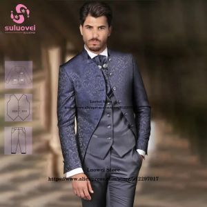 Suits Fashion High Collar Floral Tuxedos Suits For Men Slim Fit Jacquard 3 Piece Pants Set Groom Wedding Dinner Party Blazer Masculino