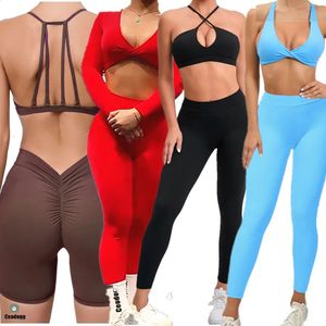 2 pezzi Pad manica lunga corta Crop Top Donna Palestra Yoga Set Sport Scrunch V Indietro Leggings fitness Allenamento Pantalone Tute attive 240307