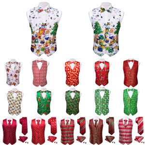 Vests Christmas Vest for Men Silk Red White Green Snowflake Santa Claus Elk Waistcoat Tie Bowtie Set Party Festival Barry Wang