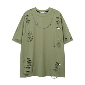 デザイナーTシャツスタイルハイトーンホールカットデザインセンスチェーンスリーブ男女ストリートトレンドのための短いTシャツ