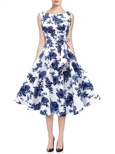 Женское вечернее платье миди с синей розой и цветочным принтом на поясе, колокольчик, повседневное милое винтажное офисное женское платье, лето 240312