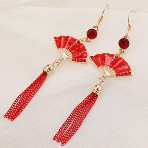 Dangle Earrings Folding Fan Fine Workmanship Holiday Symbol Red Jewelry Festive Metal Tassel