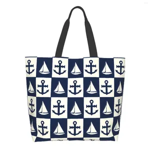 Shopping Bags Blue Nautical Anchor Boat Sailboat Navy White Vintage Art Canvas Tote Bag For Women Weekend Kitchen Grocery
