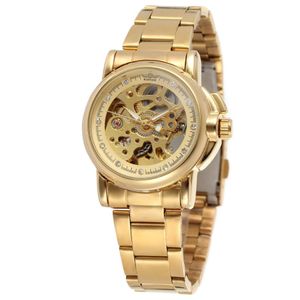 Luxury Gold Women Automatic Mechanical Watches Women Fashion Stainless Steel Clock Ladies Crystal Hollow Skeleton Watch Saati 2011232E