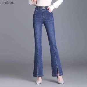 Women's Jeans Streetwear Fashion Women Flare Split Jeans High Waist Elastic Band Denim Spring Summer Full Pants Thin Casual Straight TrousersC24318