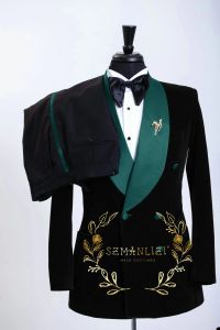 Suits Szmanlizi Black Velvet Double Breasted Men Suits Green Shawel Lapel Tuxedo For Wedding Groomsmen Suits For Men 2023 (Blazer+Pant)