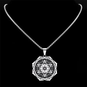 Sacred Geometry Metatron Cube Angel Seal Archangel Necklace For Women Men 14k Gold Flower of Life Lotus Jewelry