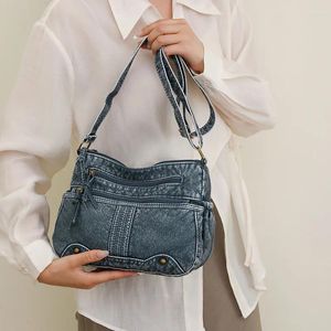 Omuz çantaları 2024 moda trend yıkamalı deri büyük kapasiteli çanta kadın çanta cüzdan lüks ana tasarım denim hobo