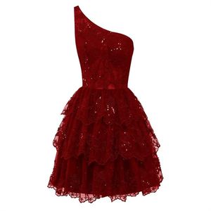 One-Shoulder Short Homecoming Dresses Lace Sequins Lace-up A-Line Tiered Graduation Dresse Party Prom Formal Gown Hc06