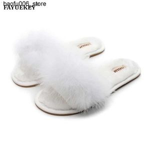 Slippers Fayuekey Spring/Summer/Winter Home Cotton Fluffy Fur Slippers Womens Wedding Bedroom Shoes Q240318