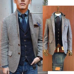 Jackets Autumn Mens Grey Tweed Jacket Coat 2022 Herringbone Blazer Casual Male Costume Made Outfit Terno Masculin Custom Made 2 Button