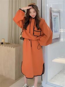 Work Dresses Hoodie And Skirt Two Piece Set 2024 Autumn Women Long Sleeve Loose Elegant Korean Style Pullover Sweatshirt Elastic Waist 2276