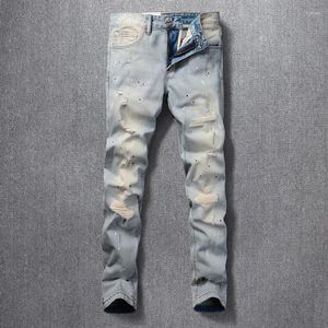 Herrenjeans Streetwear Fashion Herren Retro Washed Light Blue Stretch Slim Fit Painted Ripped Vintage Designer Denim Hosen