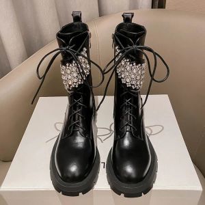 Boots Black Leather Women Crystal Riding Boots Platform Rubber Sole Rhinestone Autumn Knight Botines Mujer Lace Up Goth Tenis Sneakers