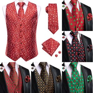 Westen Hitie Christma Red Classic Seidenmänner Vest Krawatte Business formelles Kleid Slim ärmellose Jacke 4pc Hanky Cufflink Anzug Weste Coat