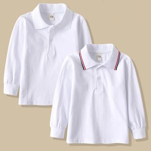 Primavera crianças manga longa tshirts algodão uniforme escolar primário branco turn-down colarinho traje de formatura para crianças meninas 240311