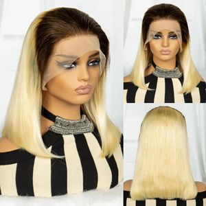 T4/613 Bob Wigs 200%Density 14 Inch Lace Frontal Human Hair For Women Straight Short 13X4