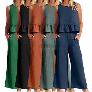 Tute da donna Estate senza maniche con volant Crop Top Pantaloni larghi a gamba larga Completo da donna Vestiti in chiffon Set da vacanza 24318