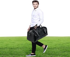 Masculino couro genuíno saco de viagem grande padrão crocodilo grande fitness bolsa bagagem tambores ombro negócios computador sacos preto me6809148