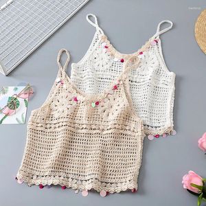 Women's Tanks TingYiLi Beading-Trim Women Summer Cami Holiday Beach Boho V-neck Sleeveless Top Korean Fashion Hollow Out Crochet Cotton