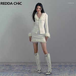 Vestidos de trabalho REDDACHiC Mulheres Guarnição de Pele Malha Top Saia Y2k Retro Ponto Branco Zip-up Cardigan Sexy Bodycon Split Mini Conjunto de 2 peças