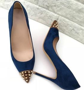 LouBiton Red-Bottomed Christiane New Style Women Rivet Shoes Tibetan-Blue Suede Pointed 12-10-8 cm High Seel Shoes Shallow Mouth Posted Igq