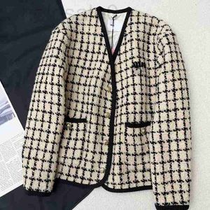 Women's Jackets designer Early spring new Miu Nanyou Gaoding countryside style gentle Maillard color matching V-neck plaid contrasting coat ZY8A