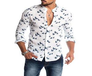 Men039S Casual Shirts Bird Printed Linen Shirt for Women Stand Collar Kort ärm Summer White Man Blue 2021 Herrkläder6231469