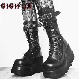 Boots Gigifox Winter Sale Punk Halloween Witch Cosplay Platform High Wedge Heels Black Goth Boots Botas Mulheres Sapatos Big Tamanho 43