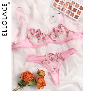 Ellolace lingerie sexy floral bordado roupa interior renda transparente curto cuidados com a pele kits delicado conjunto de fadas mulher 2 peças 240307