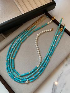 Pendant Necklaces French Vintage Natural Pearl Turquoise Beaded Necklace Womens Light Luxury Sweater Chain