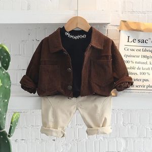 Spring and autumn baby cotton long sleeve sports suit 05yearold boy Corduroy coat trousers casual three piece set 240314
