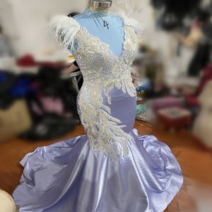 2024 ASO EBI LAVENDER MERMAID PROM DUSL LACE HODED FEATHER ASSION Party Second Second Second Virthdy Congress Dresses Robe de Soiree ZJ185