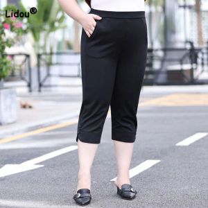 Bottoms casual fickor svartvita raka byxor sommar tunn lapptäckknapp hög midja lös plus size lady sju poäng byxor