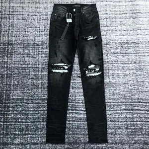 AM660 Högkvalitativ herr jeans nödställd motorcykel cyklist Jean Rock Skinny Slim Ripped Hole Stripe Fashionabla Snake Embroidery Denim Pants