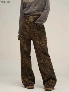 سراويل جينز للسيدات Houzhou Tan Leopard Jeans Women Denim Pants Ender Wide Wide Streetwear Aweet Hip Hop Vintage Vintage Loose Casuall2403