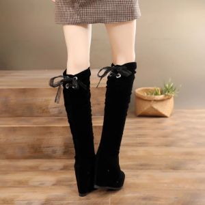 Boots Wedge Heel Above Over The Knee with Laces Women's Boots Shoes for Woman Laceup Thigh High Platform Footwear Round Toe Goth Pu