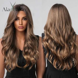 Synthetic Wigs ALAN EATON Chestnut Brown Long Water Wave Wig Female Synthetic Hair Wigs for Black Women Medium Brown Cosplay Wigs Costumes 240329