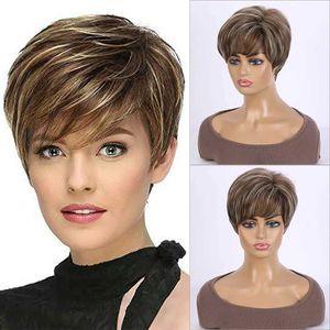 Synthetic Wigs Lace Wigs Synthetic Short Straight Wig for Women Wigs With Bangs Natural Mixed Brown Wig Daily Use Heat Resistant Fiber 240318