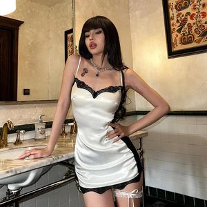 Casual Dresses Summer White Satin Mini Clubwear Fashion Slim Spaghetti Strap Lace Patchwork Bodycon Dress