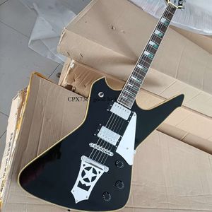 Strings Black Electric Guitar With Rosewood Fretboard Abalone Inlay